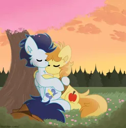 Size: 3370x3410 | Tagged: safe, artist:nordicgoat, derpibooru import, braeburn, soarin', earth pony, pegasus, cherry blossoms, cuddling, duo, flower, flower blossom, gay, image, male, png, scenery, shipping, soarburn, sunset, tree