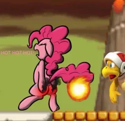 Size: 439x425 | Tagged: safe, derpibooru import, pinkie pie, earth pony, pony, butt, eyes closed, female, fire, fire bro, floppy ears, g4, image, jpeg, literal butthurt, open mouth, pain, plot, reddened butt, super mario bros., tail