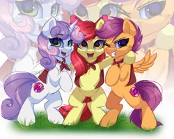 Size: 2500x2000 | Tagged: safe, artist:skyboundsiren, derpibooru import, apple bloom, scootaloo, sweetie belle, earth pony, pegasus, unicorn, belly, bow, cape, clothes, cutie mark, cutie mark crusaders, diamonds, grass, image, png, round belly, signature, smiling