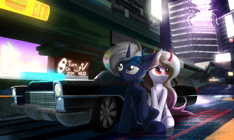 Size: 3000x1800 | Tagged: safe, artist:rainydark, derpibooru import, neon lights, rising star, oc, unofficial characters only, unicorn, cadillac, car, city, cityscape, cyberpunk, horn, image, japan, light, lightning, neon, png, rain, road, unicorn oc