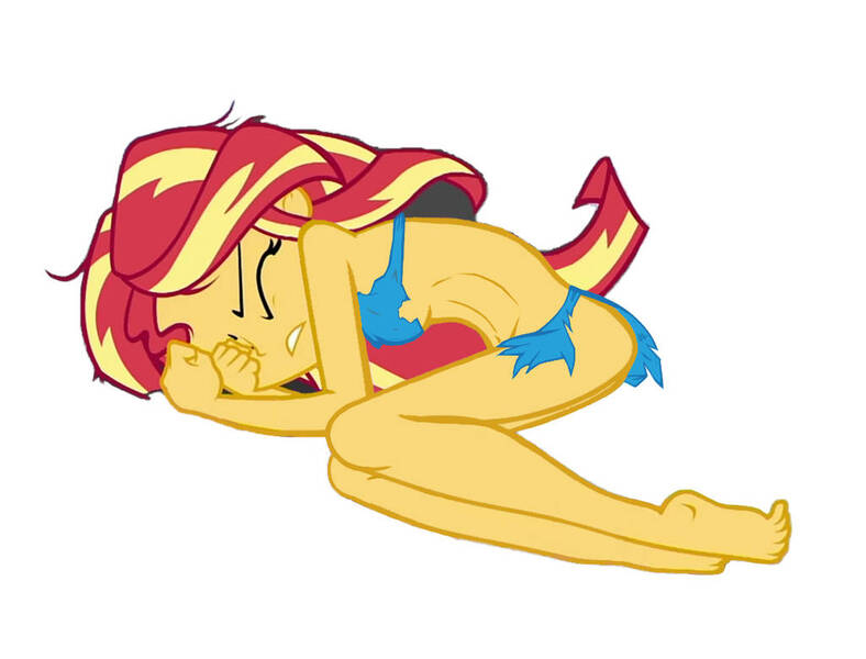 Size: 1025x780 | Tagged: questionable, sunset shimmer, equestria girls, barefoot, beautiful, belly button, bikini, breasts, butt, clothes, curled toes, feet, flinch, image, jpeg, jungle girl, legs, legs together, loincloth, lying, lying down, lying on the ground, messy hair, nudity, sexy, sleeping, solo, striped clothes, swimsuit, torn clothes