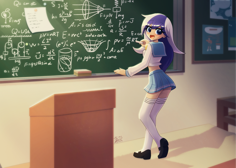 Size: 1688x1200 | Tagged: safe, artist:howxu, derpibooru import, minuette, human, alternate hairstyle, ass, butt, chalk, chalkboard, clothes, commission, cute, female, humanized, image, math, minubetes, open mouth, png, school uniform, shirt, shoes, skirt, socks, solo, stockings, thigh highs