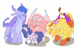 Size: 1809x1160 | Tagged: safe, artist:mayugraffiti, derpibooru import, izzy moonbow, dragon, pony, unicorn, g5, my little pony: make your mark, spoiler:g5, spoiler:my little pony: make your mark chapter 6, spoiler:mymc06e01, female, image, jpeg, looking up, mare, my little pony: make your mark chapter 6, open mouth, open smile, simple background, smiling, white background