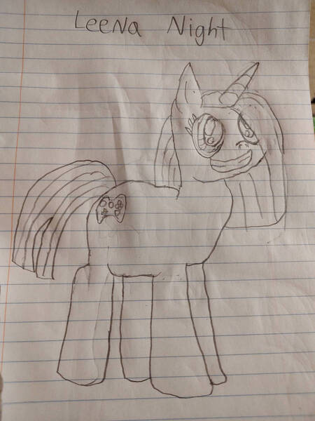 Size: 828x1104 | Tagged: safe, artist:pinkamenafan1243, derpibooru import, oc, oc:leena night, unofficial characters only, unicorn, controller, cutie mark, image, jpeg, lined paper, original character do not steal, ponysona, sketch, solo, traditional art