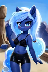 Size: 2048x3072 | Tagged: suggestive, ai content, derpibooru import, machine learning generated, princess luna, anthro, plantigrade anthro, bra, clothes, crotch bulge, female, g4, generator:yodayo, image, jpeg, looking at you, shorts, solo, solo female, solo focus, standing, underwear, waving, younger