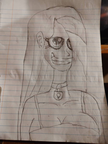 Size: 828x1104 | Tagged: safe, artist:pinkamenafan1243, derpibooru import, breasts, choker, cleavage, creepy, creepy smile, image, jpeg, lined paper, lock, obsidian pie, sketch, smiling, solo, thousand yard stare, traditional art