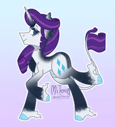 Size: 2408x2651 | Tagged: safe, artist:mitexcel, derpibooru import, rarity, classical unicorn, pony, unicorn, alternate design, blue eyes, cloven hooves, cutie mark, g4, horn, image, leonine tail, long mane, long tail, png, purple mane, purple tail, redesign, solo, tail, twitterina design, unshorn fetlocks, white coat