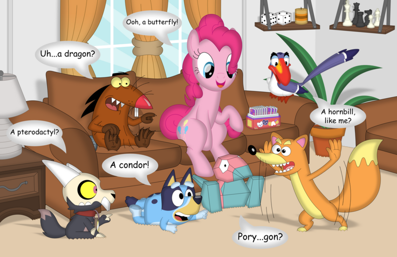 Size: 1111x719 | Tagged: safe, artist:porygon2z, derpibooru import, pinkie pie, beaver, bird, dog, earth pony, fox, pony, porygon, angry beavers, australian cattle dog, bluey, bluey heeler, charades, couch, crossover, curtains, daggett doofus beaver, dialogue, disney, dora the explorer, female, g4, hornbill, image, king clawthorne, male, mare, png, pokémon, sitting, swiper, the lion king, the owl house, window, zazu