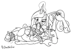 Size: 3000x2000 | Tagged: suggestive, artist:theandymac, derpibooru import, king sombra, princess cadance, alicorn, pony, unicorn, belly, bondage, bound legs, cadancepred, cloak, clothed ponies, clothes, concave belly, crown, curved horn, drool, duo, eyelashes, female, folded wings, glow, glowing horn, gritted teeth, hoof shoes, hooves to the chest, horn, horn ring, image, imminent vore, jewelry, kitchen eyes, lidded eyes, long mane, looking at each other, looking at someone, magic suppression, magic suppression ring, magical bondage, male, mare, mare pred, mawshot, monochrome, no source available, open mouth, peytral, physique difference, png, princess shoes, quadrupedal, regalia, ring, round belly, signature, simple background, sketch, slim, sombraprey, stallion, stallion prey, teeth, thin, this will end in vore, throat, tongue out, wall of tags, white background, wings