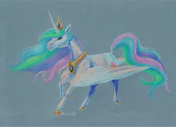 Size: 6732x4851 | Tagged: safe, artist:cahandariella, derpibooru import, princess celestia, alicorn, horse, colored pencil drawing, crown, hoers, image, jewelry, jpeg, large wings, missing accessory, partially open wings, peytral, realistic, regalia, running, solo, sternocleidomastoid, traditional art, wings