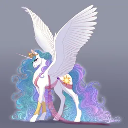 Size: 2048x2048 | Tagged: safe, alternate version, artist:eljesala, derpibooru import, princess celestia, alicorn, pony, concave belly, female, gradient background, high res, image, large wings, long legs, long mane, long tail, mare, png, sash, smiling, solo, spread wings, tail, tall, wings