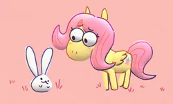 Size: 1820x1093 | Tagged: safe, artist:punkittdev, derpibooru import, angel bunny, fluttershy, pegasus, pony, rabbit, animal, duo, female, film grain, image, jpeg, looking at each other, looking at someone, male, mare, pink background, simple background