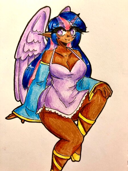 Size: 3024x4032 | Tagged: safe, artist:mylittleyuri, derpibooru import, twilight sparkle, twilight sparkle (alicorn), alicorn, human, blackwashing, breasts, busty twilight sparkle, cleavage, clothes, dark skin, detached sleeves, dress, elf ears, eyebrows, eyebrows visible through hair, hand on knee, hand on leg, high res, horn, horned humanization, humanized, image, jpeg, looking at you, smiling, smiling at you, solo, traditional art, winged humanization, wings