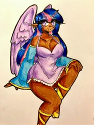 Size: 3024x4032 | Tagged: safe, artist:mylittleyuri, derpibooru import, twilight sparkle, twilight sparkle (alicorn), alicorn, human, blackwashing, breasts, busty twilight sparkle, cleavage, clothes, dark skin, detached sleeves, dress, elf ears, eyebrows, eyebrows visible through hair, hand on knee, hand on leg, high res, horn, horned humanization, humanized, image, jpeg, looking at you, smiling, smiling at you, solo, traditional art, winged humanization, wings