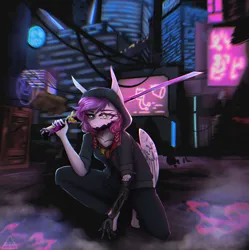 Size: 2232x2238 | Tagged: safe, artist:glotasha, derpibooru import, oc, oc:ellie berryheart, unofficial characters only, pegasus, city, clothes, cyberpunk, female, green eyes, hoodie, image, implants, katana, long ears, looking at you, neon, night, png, prosthetics, purple, samurai, serious, solo, sword, weapon, wings