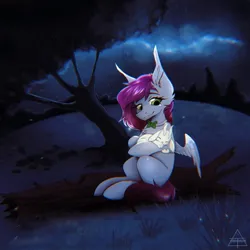 Size: 1080x1080 | Tagged: safe, artist:glotasha, derpibooru import, oc, oc:ellie berryheart, unofficial characters only, pegasus, pony, bowtie, female, forest, g4, green eyes, hug, image, jpeg, long ears, nature, night, ori, resting, sleeping, smiling, solo, tail, tree, wings