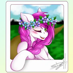 Size: 2000x2000 | Tagged: safe, artist:lyhyo, derpibooru import, oc, oc:ellie berryheart, unofficial characters only, fluffy pony, pegasus, pony, black eyeshadow, bust, eyeshadow, female, flower, flower in hair, g4, green eyes, image, jpeg, looking at you, makeup, one eye closed, pigtails, portrait, smiling, solo, summer, wink, wreath