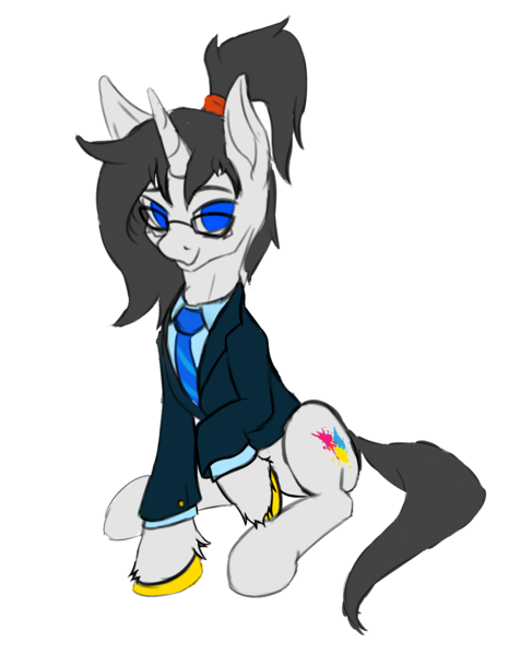 Size: 2992x3852 | Tagged: safe, artist:leesys, derpibooru import, oc, oc:leesys, unofficial characters only, pony, unicorn, derpibooru community collaboration, 2024 community collab, business suit, clothes, female, glasses, image, looking at you, mare, png, ponytail, solo