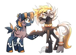Size: 2400x1746 | Tagged: safe, artist:ubizozo, derpibooru import, oc, unofficial characters only, changeling, hybrid, pegasus, pony, unicorn, bracelet, chest fluff, coat markings, collar, duo, eyebrow slit, eyebrows, facial markings, female, hoof hold, image, leg fluff, male, mare, oc x oc, png, shipping, simple background, spiked collar, spiked wristband, stallion, straight, watermark, white background, wristband