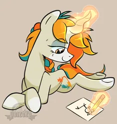 Size: 1704x1814 | Tagged: safe, artist:ubizozo, derpibooru import, oc, unofficial characters only, pony, unicorn, curved horn, drawing, horn, image, lying down, magic, paper, pencil, png, prone, simple background, solo, telekinesis