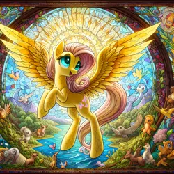 Size: 1536x1536 | Tagged: safe, ai content, derpibooru import, machine learning generated, fluttershy, bird, pegasus, pony, colorful, critters, female, g4, generator:dall-e 3, image, looking up, mare, nature, png, prompter:tyto4tme4l, smiling, solo, spread wings, stained glass, sun, water, wings