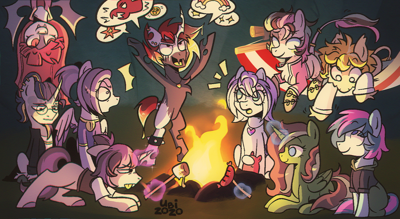 Size: 1634x893 | Tagged: safe, artist:ubizozo, derpibooru import, oc, unofficial characters only, alicorn, bat pony, changeling, earth pony, hybrid, pony, unicorn, alicorn oc, among us, bracelet, campfire, chest fluff, clothes, curved horn, ear piercing, facial hair, female, food, glasses, goatee, group, hammock, hanging, hanging upside down, hoodie, horn, image, jewelry, leonine tail, magic, male, mare, marshmallow, meat, necklace, piercing, png, pride flag, sausage, speech bubble, spiked wristband, stallion, tail, telekinesis, tongue out, upside down, wings, wristband