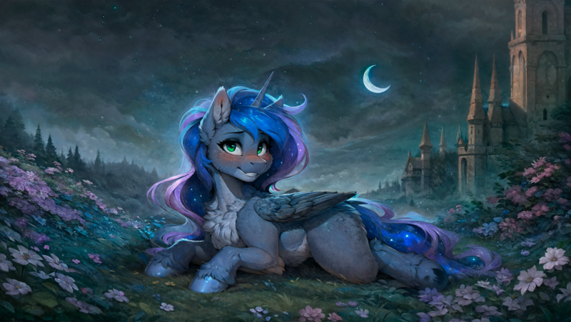 Size: 4080x2304 | Tagged: safe, ai content, derpibooru import, machine learning generated, princess luna, alicorn, pony, blue fur, blue hair, blue skin, blushing, butt, butt fluff, castle, chest fluff, dock, ear fluff, female, flower, fluffy, g4, garden, green eyes, high res, horn, image, looking at you, lying down, moon, nudity, plot, png, prompter:kalmar, solo, solo female, tail, vulva, wallpaper, wings