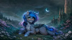 Size: 4080x2304 | Tagged: safe, ai content, derpibooru import, machine learning generated, princess luna, alicorn, pony, blue fur, blue hair, blue skin, blushing, butt, butt fluff, castle, chest fluff, dock, ear fluff, female, flower, fluffy, g4, garden, green eyes, high res, horn, image, looking at you, lying down, moon, nudity, plot, png, prompter:kalmar, solo, solo female, tail, vulva, wallpaper, wings