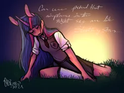 Size: 1600x1200 | Tagged: safe, artist:ubizozo, derpibooru import, twilight sparkle, human, aeroplanes and meteor showers, airplanes (song), blazer, clothes, curved horn, eared humanization, female, horn, horned humanization, humanized, image, meme, png, school uniform, sitting, skirt, solo, stars, sunset