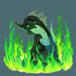 Size: 807x807 | Tagged: safe, artist:jewellier, derpibooru import, changeling, pony, changeling wings, fire, green fire, image, jpeg, looking at you, looking back, looking back at you, rear view, solo, wings