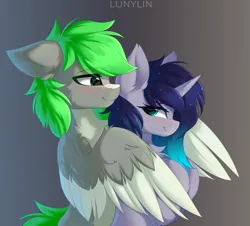 Size: 2116x1916 | Tagged: safe, artist:lunylin, derpibooru import, oc, oc:emerald stonesetter, oc:stardust splash, unofficial characters only, pegasus, unicorn, aeroverse, blushing, cuddling, gradient background, hug, image, looking at each other, looking at someone, png, shipping, spooning, winghug, wings