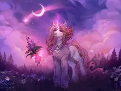 Size: 4000x3000 | Tagged: safe, artist:sweettsa1t, derpibooru import, oc, unofficial characters only, pony, unicorn, clothes, commission, crescent moon, female, flower, forest, hair accessory, image, jewelry, magic, mare, meadow, moon, nature, necklace, png, shirt, shooting star, telekinesis, tree