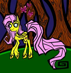 Size: 2231x2269 | Tagged: safe, artist:coffeefueledchainsaw, derpibooru import, fluttershy, butterfly, insect, pegasus, pony, female, forest, image, mare, nature, png, solo, tree, unshorn fetlocks
