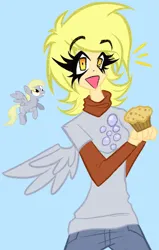 Size: 1645x2587 | Tagged: safe, artist:coffeefueledchainsaw, derpibooru import, derpy hooves, human, pony, female, food, humanized, image, mare, muffin, png, solo, winged humanization, wings