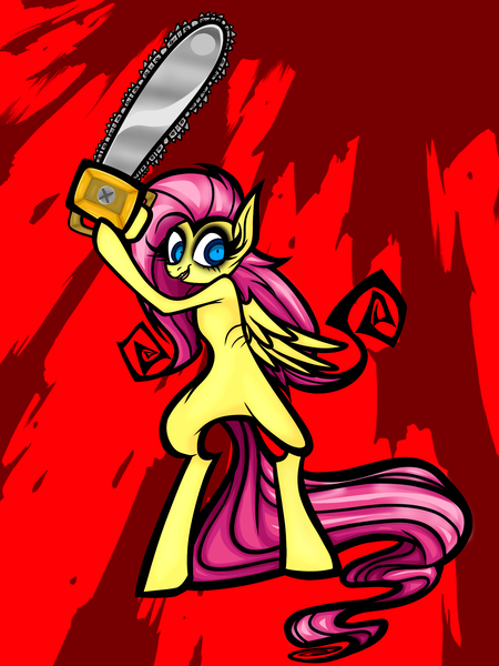 Size: 1620x2160 | Tagged: safe, artist:coffeefueledchainsaw, derpibooru import, fluttershy, pegasus, pony, .mov, shed.mov, abstract background, bipedal, chainsaw, female, image, mare, png, solo