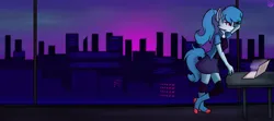 Size: 7872x3500 | Tagged: safe, artist:toxinagraphica, derpibooru import, rainbow dash, anthro, clothes, desktop, ear fluff, image, jacket, png, retrowave, solo, wallpaper