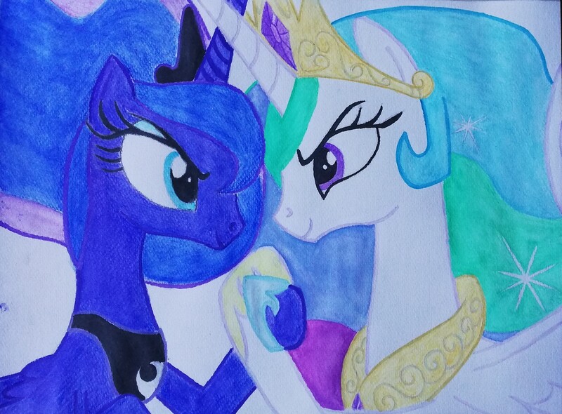 Size: 2901x2139 | Tagged: safe, derpibooru import, princess celestia, princess luna, alicorn, pony, between dark and dawn, season 9, spoiler:s09, colored, colored pencil drawing, female, flat colors, g4, holding hooves, hoof shoes, hoofshake, image, jewelry, jpeg, mare, regalia, royal sisters, siblings, sisters, solo, traditional art, watercolor painting