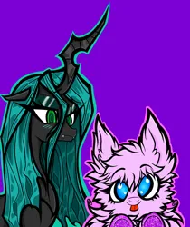 Size: 1976x2347 | Tagged: safe, artist:coffeefueledchainsaw, derpibooru import, queen chrysalis, oc, oc:fluffle puff, changeling, changeling queen, earth pony, pony, canon x oc, duo, female, image, lesbian, mare, pink background, png, ship:chrysipuff, shipping, simple background