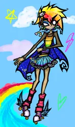 Size: 1248x2112 | Tagged: safe, artist:coffeefueledchainsaw, derpibooru import, rainbow dash, human, bracelet, clothes, emo, female, humanized, image, jpeg, rainbow, roller skates, skates, skirt, solo, spiked wristband, toy, wristband