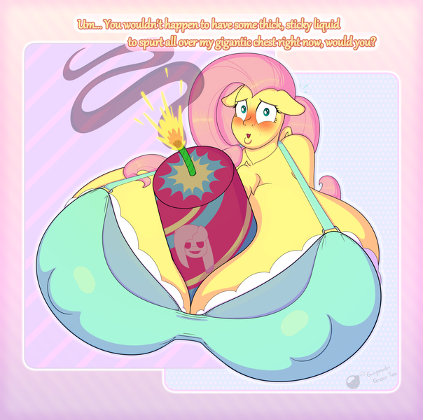 Size: 1926x1913 | Tagged: questionable, artist:gunpowdergreentea, derpibooru import, fluttershy, anthro, between breasts, big breasts, big nipples, blush lines, blushing, bra, breasts, busty fluttershy, chest fluff, cleavage, clothes, dialogue, dilated pupils, erect nipples, explosives, female, firecracker, fireworks, floppy ears, g4, grin, huge breasts, hyper, hyper breasts, image, impossibly large breasts, impossibly large nipples, looking at you, nervous, nervous grin, nervous sweat, nipple outline, nipples, nudity, png, smiling, solo, solo female, talking to viewer, underwear
