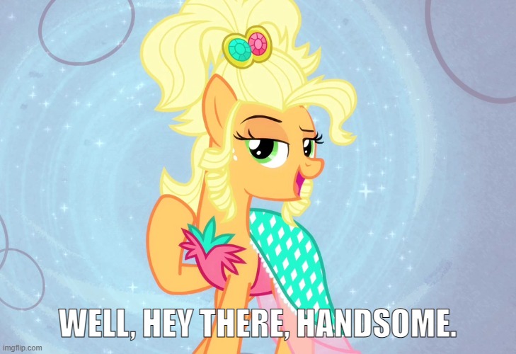 Size: 729x500 | Tagged: safe, derpibooru import, edit, edited screencap, screencap, applejack, simple ways, applejewel, caption, clothes, dress, image, image macro, imgflip, impact font, jpeg, talking to viewer, text