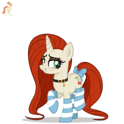 Size: 3000x3000 | Tagged: safe, artist:r4hucksake, derpibooru import, oc, oc:cherry smoothie, unofficial characters only, pony, unicorn, base used, bell, bell collar, blushing, bow, clothes, collar, eyeshadow, horn, image, long mane, long tail, looking at you, makeup, mascara, png, simple background, smiling, smiling at you, socks, solo, standing on two hooves, striped socks, tail, tail bow, transparent background