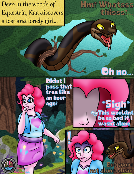 Size: 1265x1635 | Tagged: safe, artist:ordeperv, artist:yuu-chan, derpibooru import, pinkie pie, human, snake, comic:kaa and pinkie pie, equestria girls, comic, crying, female, forest, humanized, image, jungle, kaa, lost, nature, png, scared, tree
