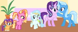 Size: 2380x998 | Tagged: safe, artist:wildrose17, derpibooru import, luster dawn, starlight glimmer, trixie, oc, oc:ivory fire, oc:snow lilly, pony, unicorn, base used, best friends, female, filly, foal, group, image, mare, offspring, parent:prince blueblood, parent:starlight glimmer, parent:sunburst, parent:trixie, parents:bluetrix, parents:starburst, png