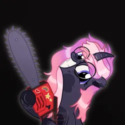 Size: 2048x2048 | Tagged: suggestive, artist:artsypaws, derpibooru import, oc, oc:artsypaws, unofficial characters only, unicorn, chainsaw, chest fluff, colored, creepypasta, ear fluff, fluffy, image, insanity, png, self insert, shiny hoof, solo
