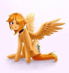 Size: 1800x1900 | Tagged: safe, artist:moewwur, artist:rin-mandarin, derpibooru import, oc, oc:limta, unofficial characters only, pegasus, pony, pony town, collar, ginger hair, image, pegasus wings, png, purple eyes, scratches, scratching, simple background, spread wings, wings, yellow mane