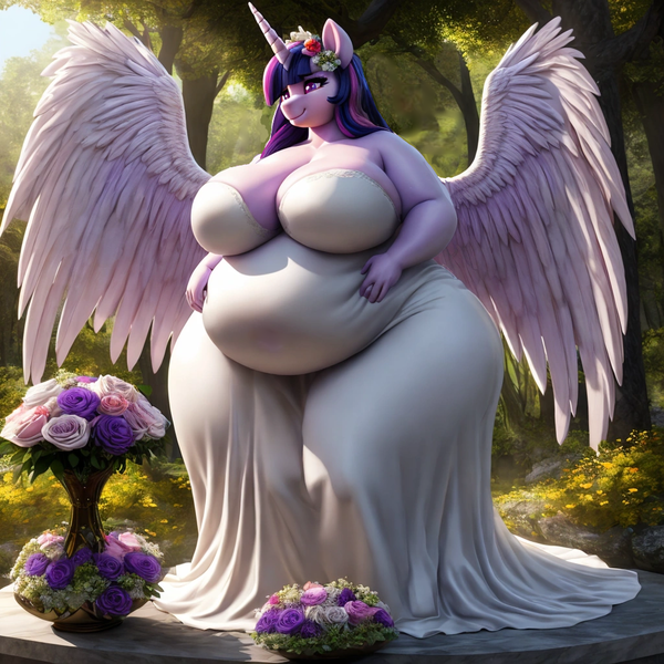 Size: 1024x1024 | Tagged: safe, ai content, derpibooru import, machine learning generated, stable diffusion, twilight sparkle, twilight sparkle (alicorn), alicorn, bbw, big breasts, breasts, bride, busty twilight sparkle, clothes, derpibooru exclusive, dress, fat, floral head wreath, flower, huge breasts, image, outdoors, png, prompter:professordoctorc, thighs, thunder thighs, twilard sparkle, wedding dress, white dress, wide hips