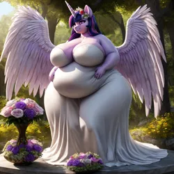 Size: 1024x1024 | Tagged: safe, ai content, derpibooru import, machine learning generated, stable diffusion, twilight sparkle, twilight sparkle (alicorn), alicorn, bbw, big breasts, breasts, bride, busty twilight sparkle, clothes, derpibooru exclusive, dress, fat, floral head wreath, flower, huge breasts, image, outdoors, png, prompter:professordoctorc, thighs, thunder thighs, twilard sparkle, wedding dress, white dress, wide hips