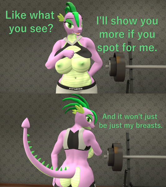 Size: 1920x2160 | Tagged: questionable, artist:papadragon69, derpibooru import, spike, anthro, dragon, 3d, ass, barb, barb butt, big breasts, breasts, busty barb, butt, comic, flashing, flirting, image, mooning, nipples, nudity, png, rule 63, source filmmaker, undressing, workout, workout outfit