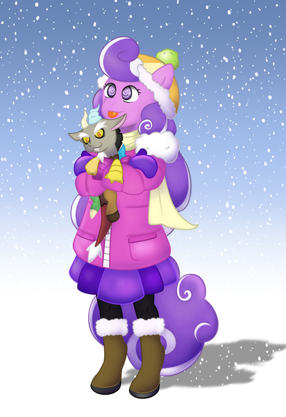 Size: 1036x1508 | Tagged: safe, artist:fluttercord45, derpibooru import, discord, screwball, human, boots, clothes, image, jacket, jpeg, plushie, shoes, snow, swirly eyes, tongue out